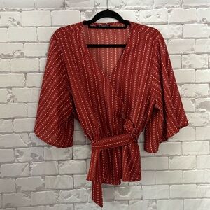 SHEIN Red Striped Wrap Blouse